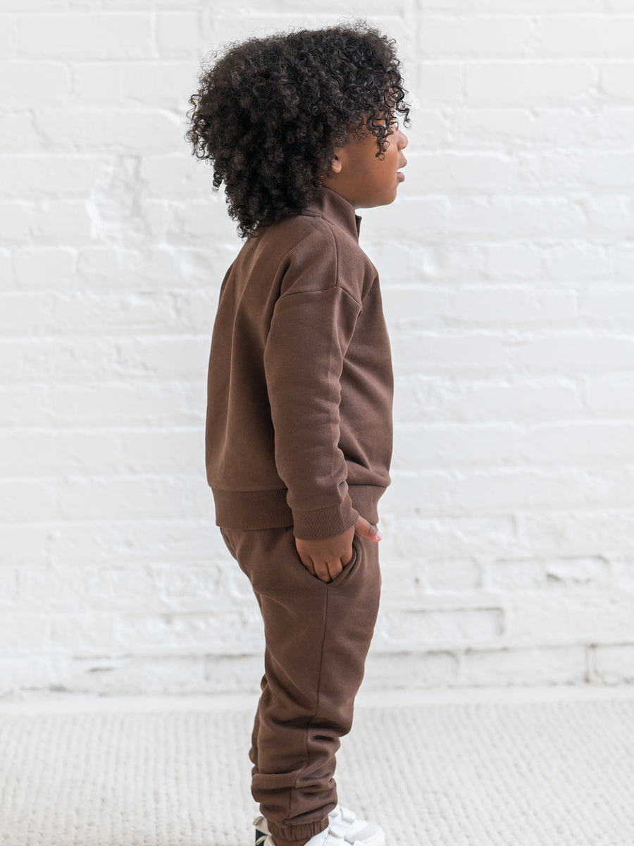 Mack Fleece Dropped Shoulder Half Zip Pullover Sweatshirt Baby-Kids : Tops : Pullovers : Long Sleeves Kendi Organic Cotton Baby and Kids Mack Fleece Dropped Shoulder Half Zip Pullover Sweatshirt