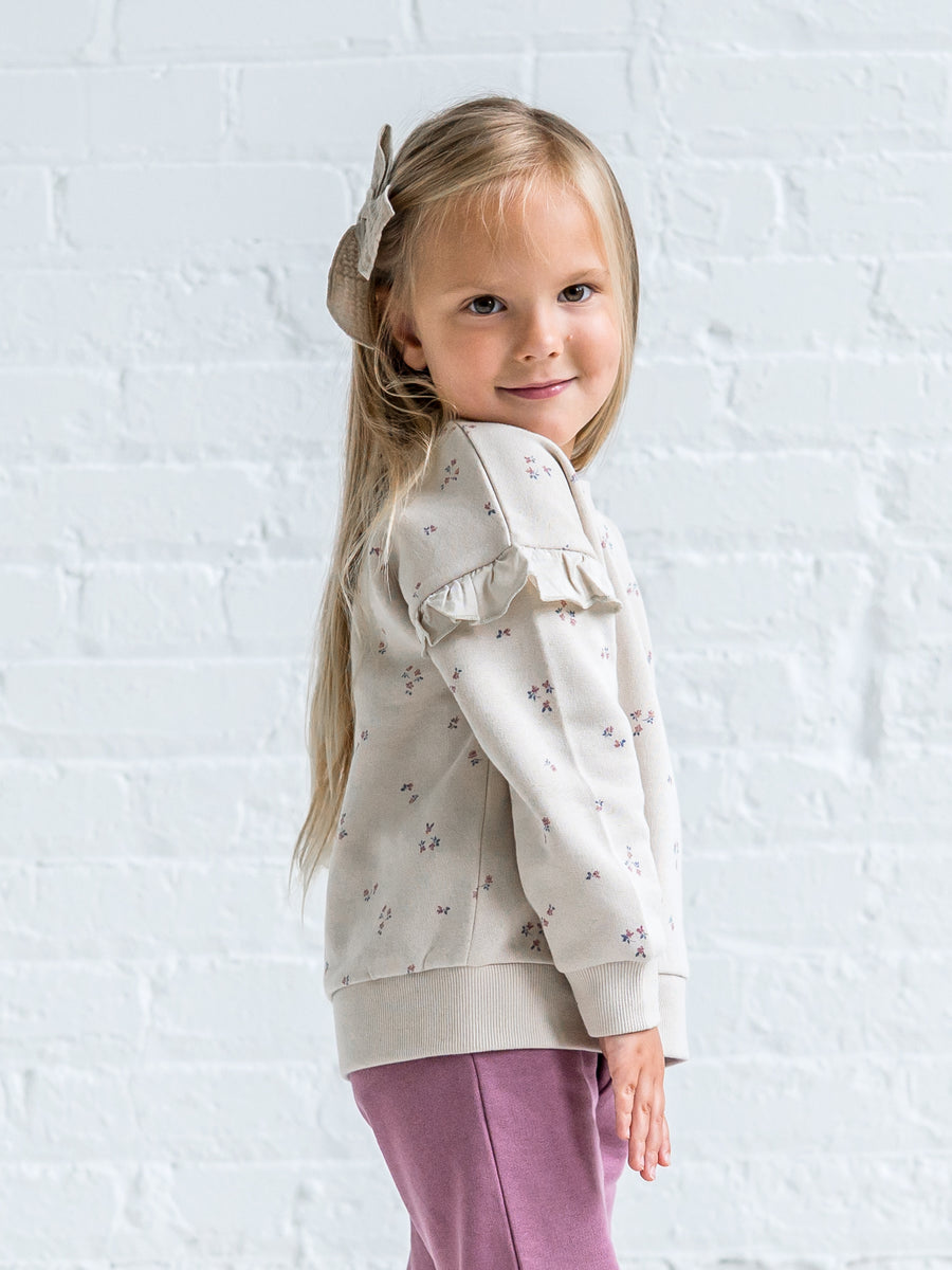 Abbey Fleece Ruffle Sleeve Pullover Sweatshirt Baby-Kids : Tops : Pullovers : Long Sleeves Kendi Organic Cotton Baby and Kids Abbey Fleece Ruffle Sleeve Pullover