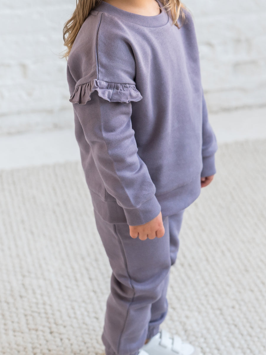 Abbey Fleece Ruffle Sleeve Pullover Sweatshirt Sale :Baby :Tops :Pullovers :Long Sleeves Kendi Organic Cotton Baby and Kids Abbey Fleece Ruffle Sleeve Pullover