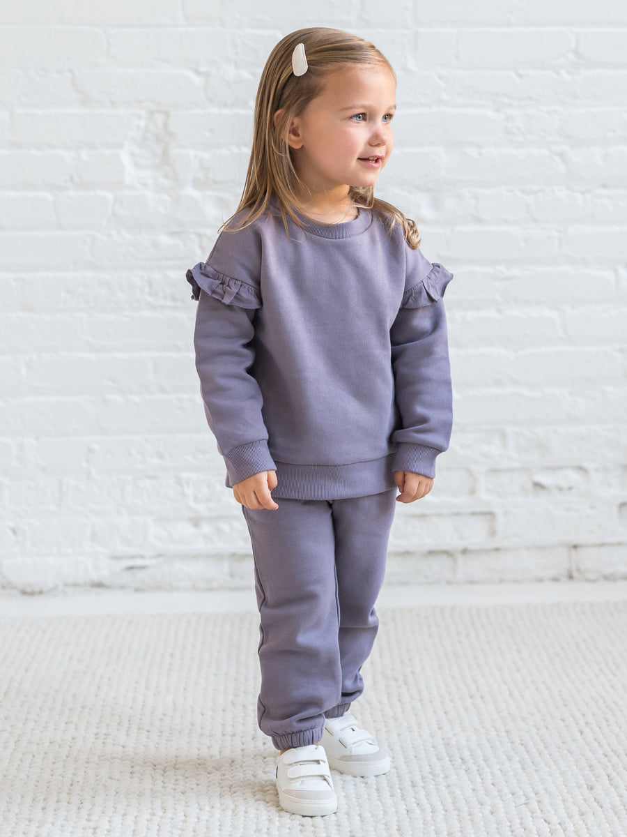 Abbey Fleece Ruffle Sleeve Pullover Sweatshirt Sale :Baby :Tops :Pullovers :Long Sleeves Kendi Organic Cotton Baby and Kids Abbey Fleece Ruffle Sleeve Pullover