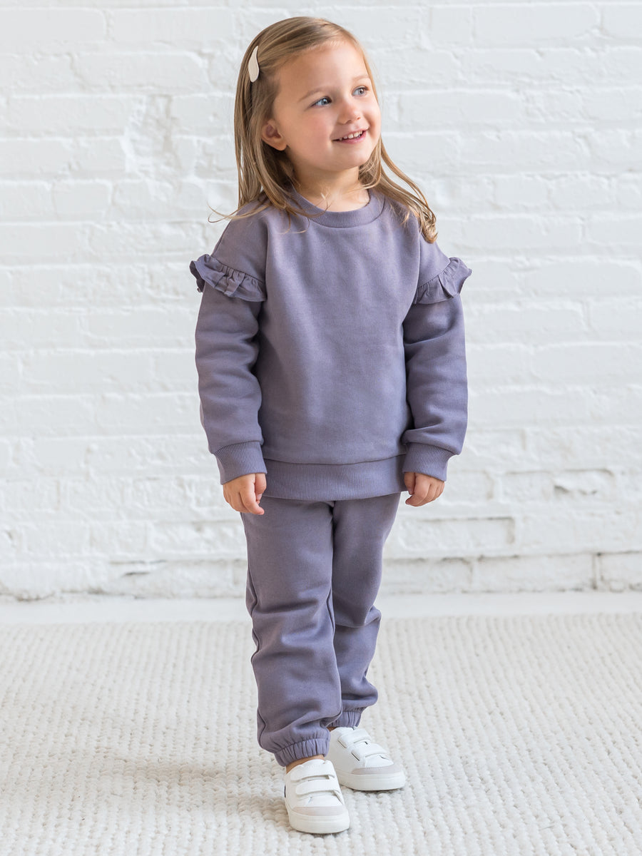 Abbey Fleece Ruffle Sleeve Pullover Sweatshirt Sale :Baby :Tops :Pullovers :Long Sleeves Kendi Organic Cotton Baby and Kids Abbey Fleece Ruffle Sleeve Pullover