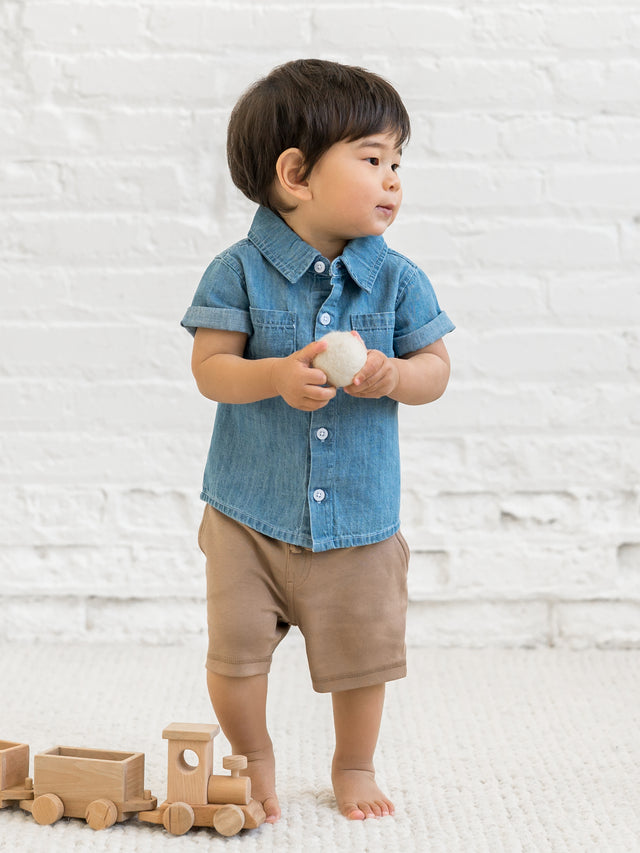 Graham Chambray Collared Button Down Shirt Baby-Kids :Tops :Shirts :Short Sleeves Kendi Organic Cotton Baby and Kids Graham Chambray Collared Button Down Shirt