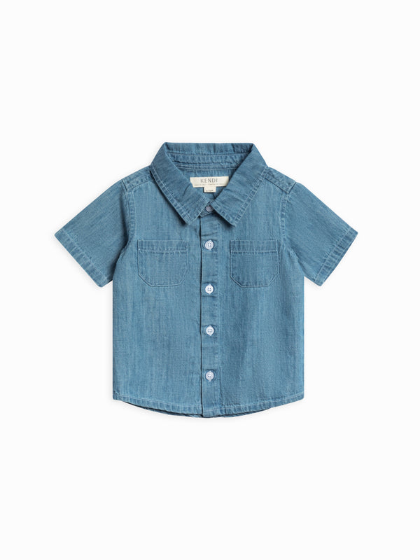 Graham Chambray Collared Button Down Shirt Baby-Kids : Tops : Shirts : Short Sleeves Kendi Organic Cotton Baby and Kids Graham Chambray Collared Button Down Shirt