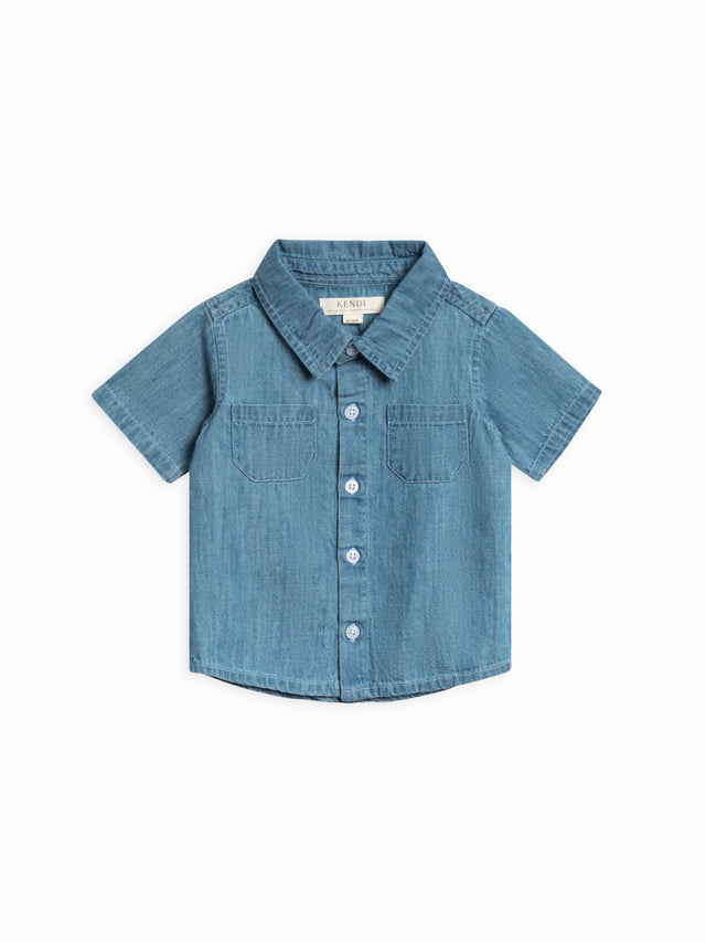 Graham Chambray Collared Button Down Shirt Baby-Kids :Tops :Shirts :Short Sleeves Kendi Organic Cotton Baby and Kids Graham Chambray Collared Button Down Shirt