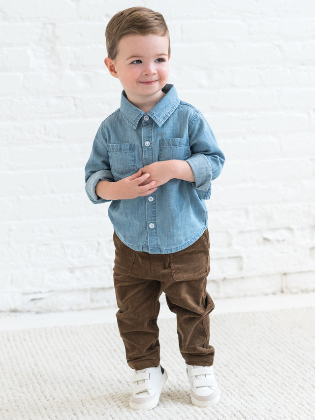 Hayes Chambray Long Sleeve Collared Shirt Sale :Baby-Kids :Tops :Shirts :Long Sleeves Kendi Organic Cotton Baby and Kids Hayes Chambray Long Sleeve Collared Shirt