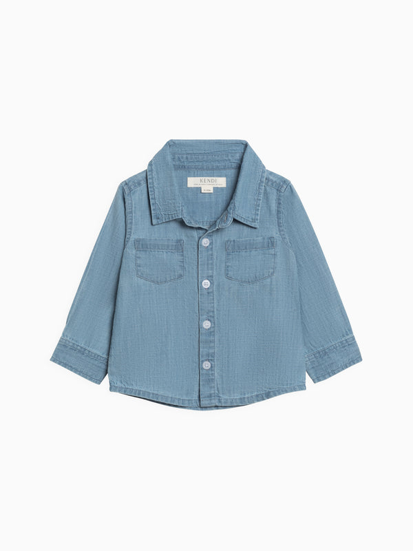 Hayes Chambray Long Sleeve Collared Shirt Sale : Baby-Kids : Tops : Shirts : Long Sleeves Kendi Organic Cotton Baby and Kids Hayes Chambray Long Sleeve Collared Shirt