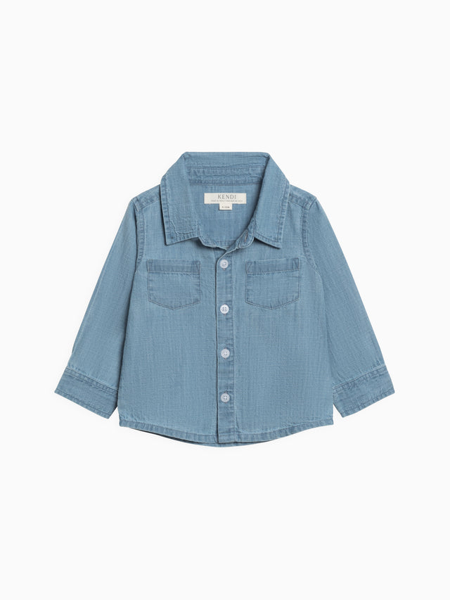 Hayes Chambray Long Sleeve Collared Shirt Sale :Baby-Kids :Tops :Shirts :Long Sleeves Kendi Organic Cotton Baby and Kids Hayes Chambray Long Sleeve Collared Shirt