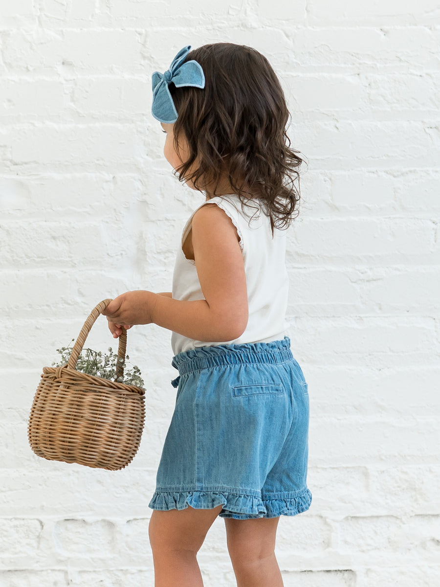 Callie Chambray Ruffle Waist Short Baby-Kids : Bottoms : Shorts Kendi Organic Cotton Baby and Kids Callie Chambray Ruffle Waist Short