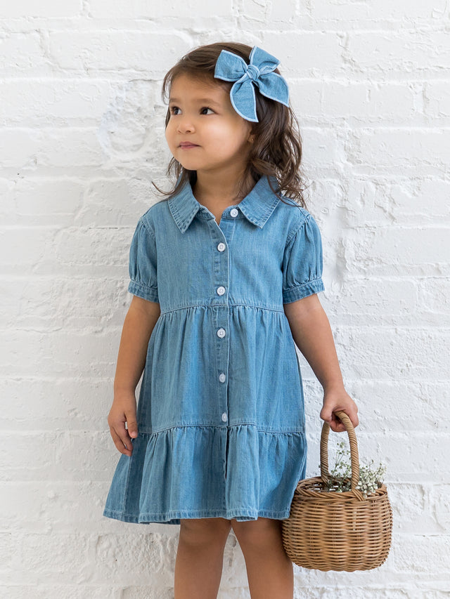 Pippa Chambray Short Sleeve Shirt Dress Baby-Kids :Dresses :Short Sleeves Kendi Organic Cotton Baby and Kids Pippa Chambray Short Sleeve Shirt Dress