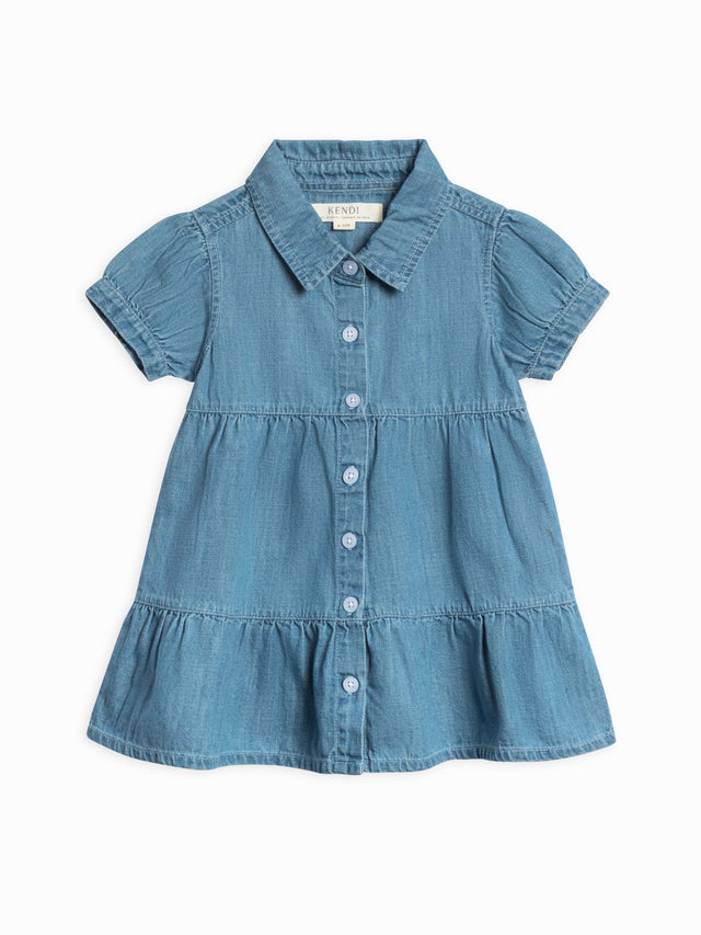 Pippa Chambray Short Sleeve Shirt Dress Baby-Kids :Dresses :Short Sleeves Kendi Organic Cotton Baby and Kids Pippa Chambray Short Sleeve Shirt Dress