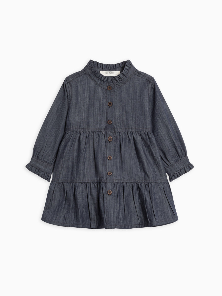 Tula Chambray Ruffle Shirt Dress Baby-Kids : Dresses : Long Sleeves Kendi Organic Cotton Baby and Kids Tula Chambray Ruffle Shirt Dress