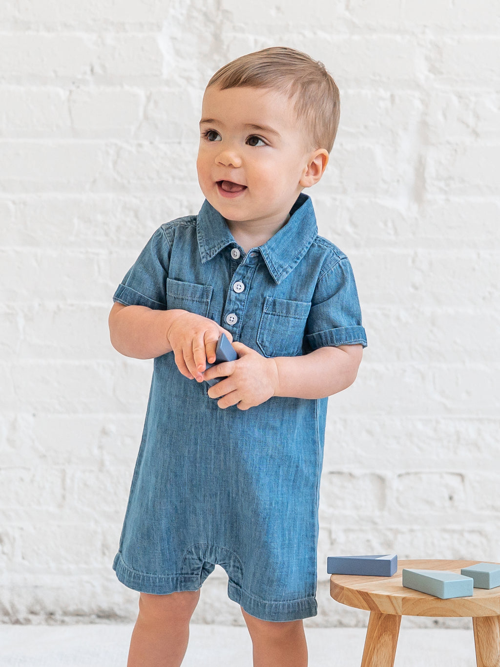 Ted Chambray Collared Romper Baby : One Pieces : Rompers : Short Sleeves KENDI by Colored Organics Ted Chambray Collared Romper for Baby | Colored Organics®