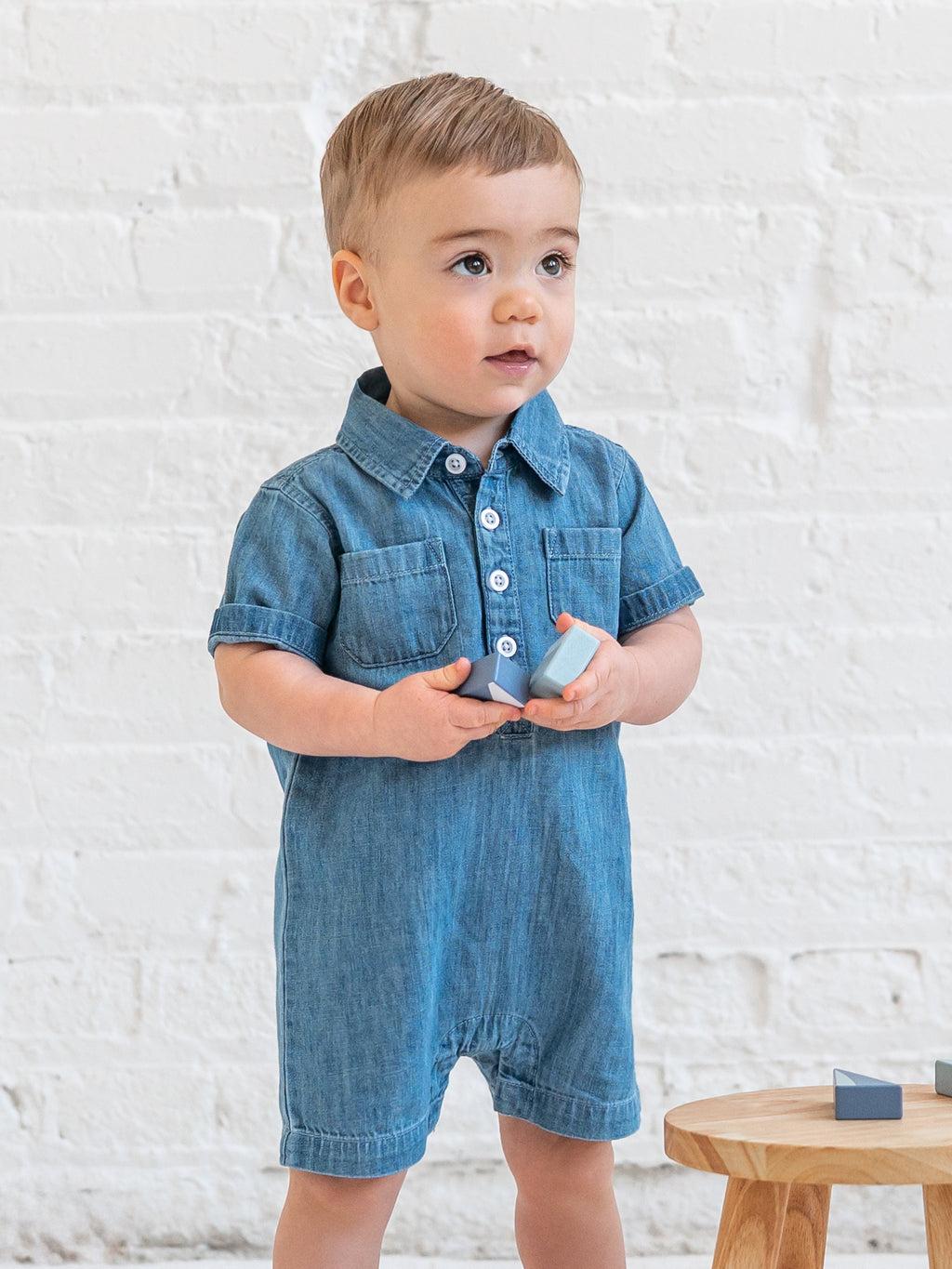 Ted Chambray Collared Romper Baby : One Pieces : Rompers : Short Sleeves KENDI by Colored Organics Ted Chambray Collared Romper for Baby | Colored Organics®