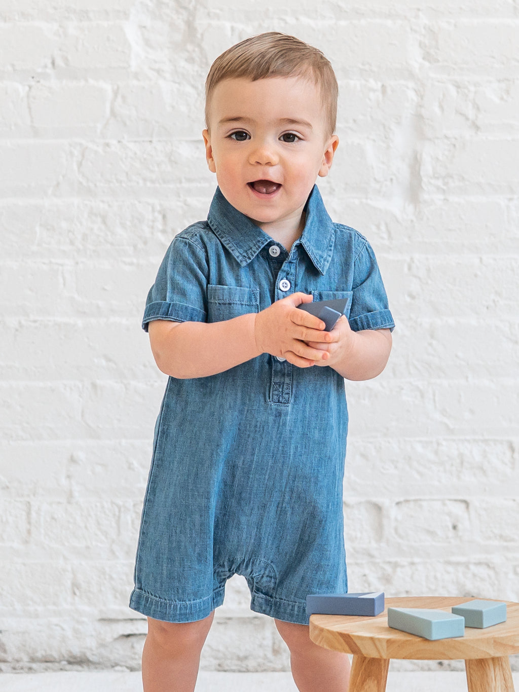 Ted Chambray Collared Romper Baby : One Pieces : Rompers : Short Sleeves KENDI by Colored Organics Ted Chambray Collared Romper for Baby | Colored Organics®
