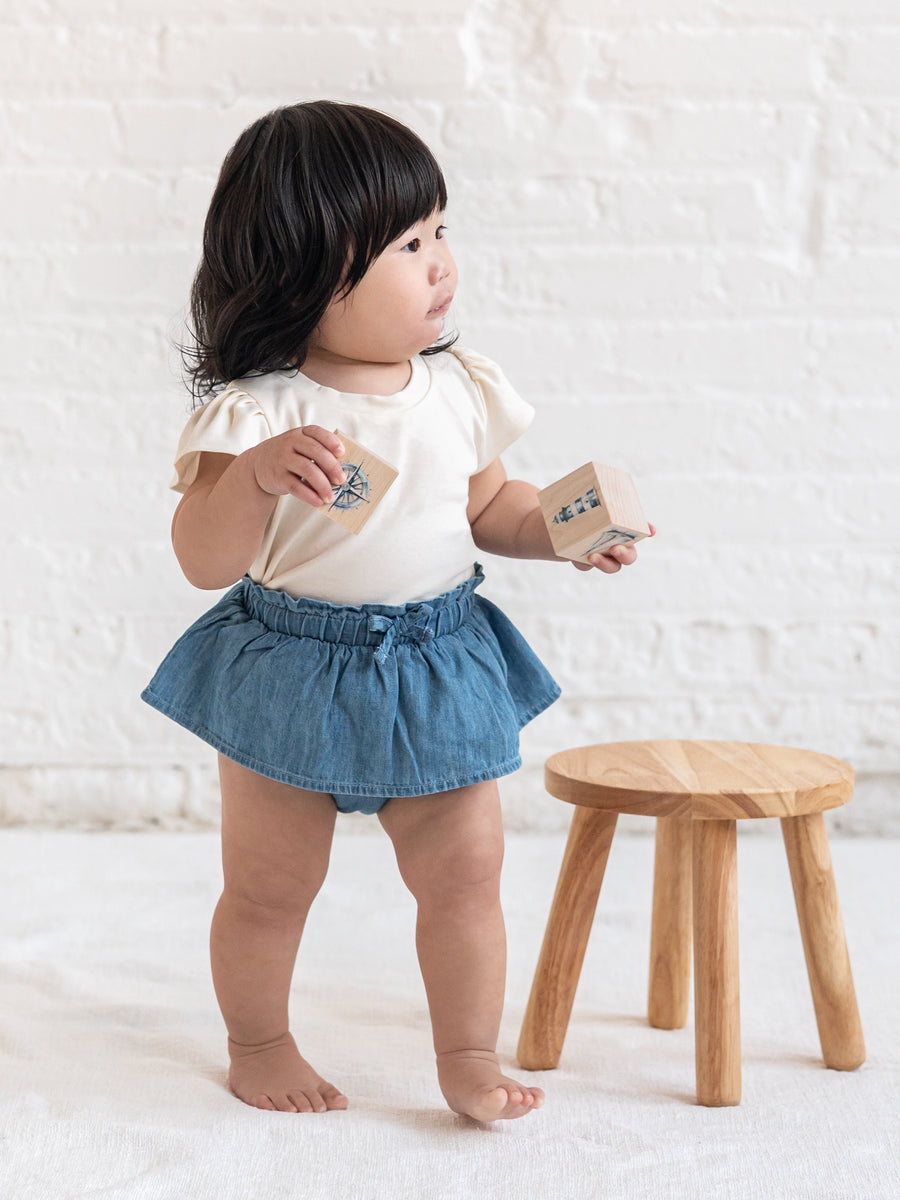 Iona Chambray Skirted Bloomer Baby : Bottoms : Shorts KENDI by Colored Organics Iona Chambray Skirted Bloomer for Baby | Colored Organics®