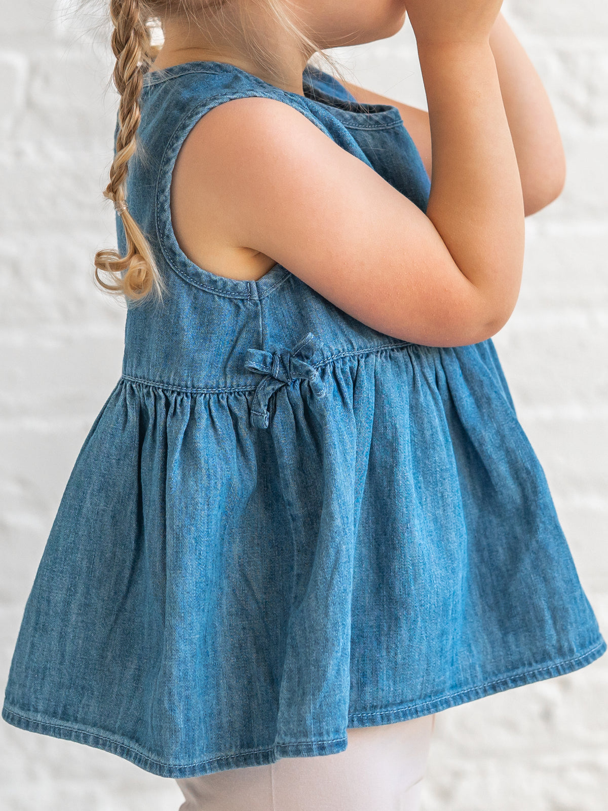 Lana Chambray Ruffle and Bow Tank Baby-Kids : Tops : Shirts : Tanks KENDI by Colored Organics Baby Lana Chambray Ruffle and Bow Tank | Colored Organics®