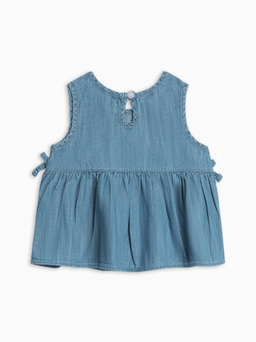 Lana Chambray Ruffle and Bow Tank Baby-Kids : Tops : Shirts : Tanks KENDI by Colored Organics Baby Lana Chambray Ruffle and Bow Tank | Colored Organics®
