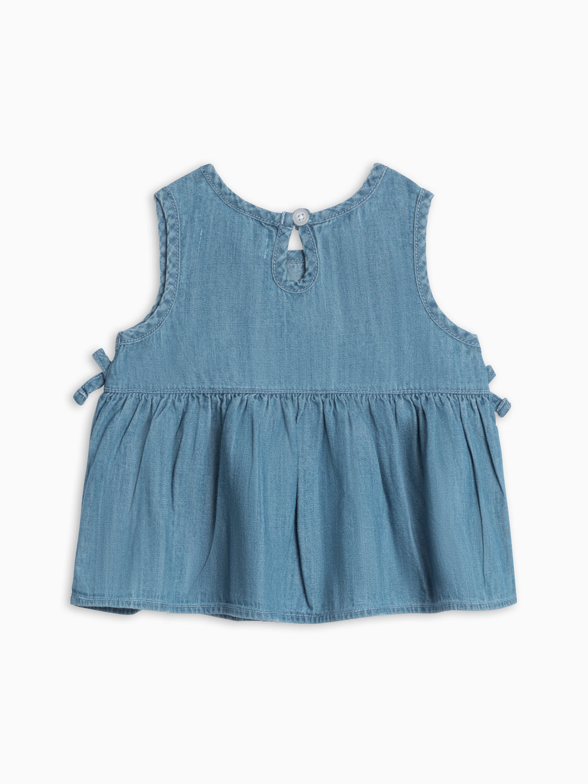 Lana Chambray Ruffle and Bow Tank Baby-Kids : Tops : Shirts : Tanks KENDI by Colored Organics Baby Lana Chambray Ruffle and Bow Tank | Colored Organics®