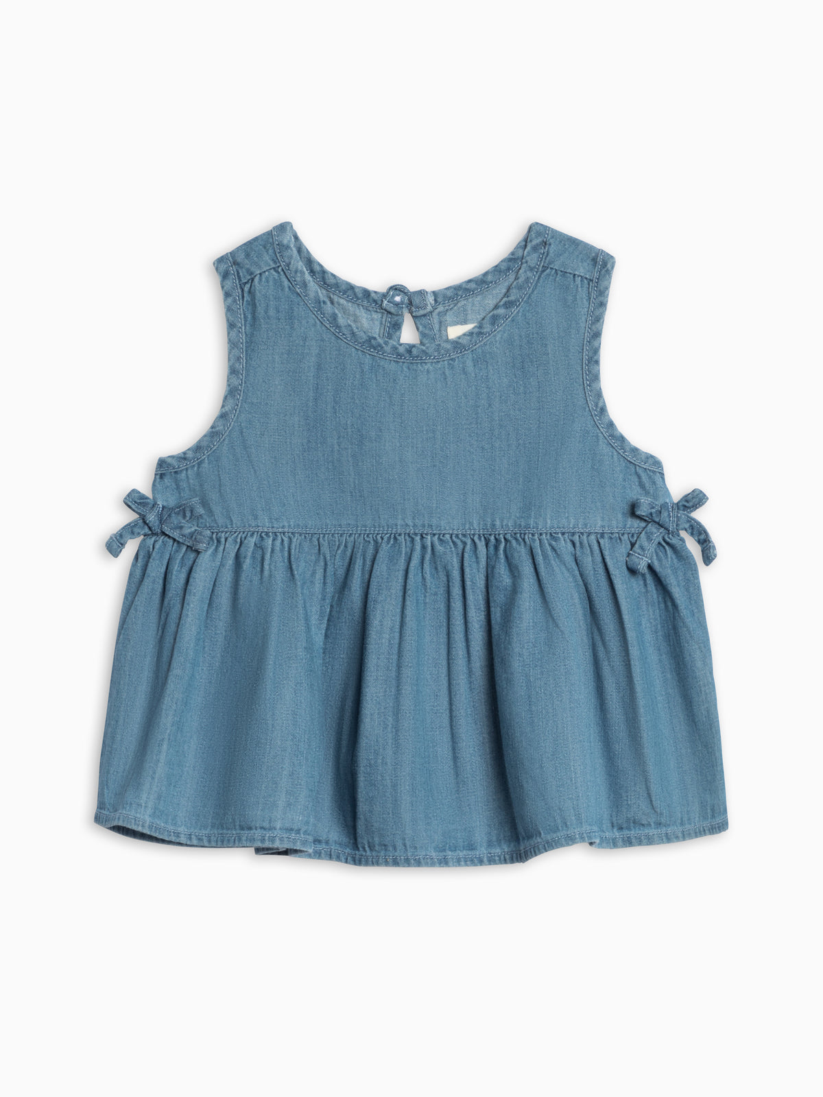 Lana Chambray Ruffle and Bow Tank Baby-Kids : Tops : Shirts : Tanks KENDI by Colored Organics Baby Lana Chambray Ruffle and Bow Tank | Colored Organics®