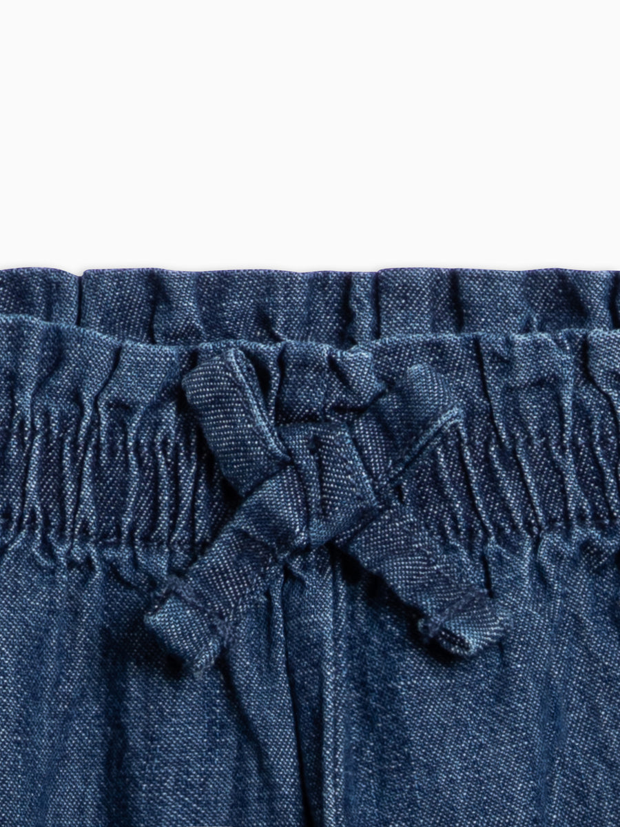 PRE ORDER Rumi Chambray Ruffle Waist Wide Leg Pant - AW26 Chambray Baby-Kids : Bottoms : Pants KENDI by Colored Organics Mari Ruffle Waist Pants for Baby + Kids | Colored Organics®