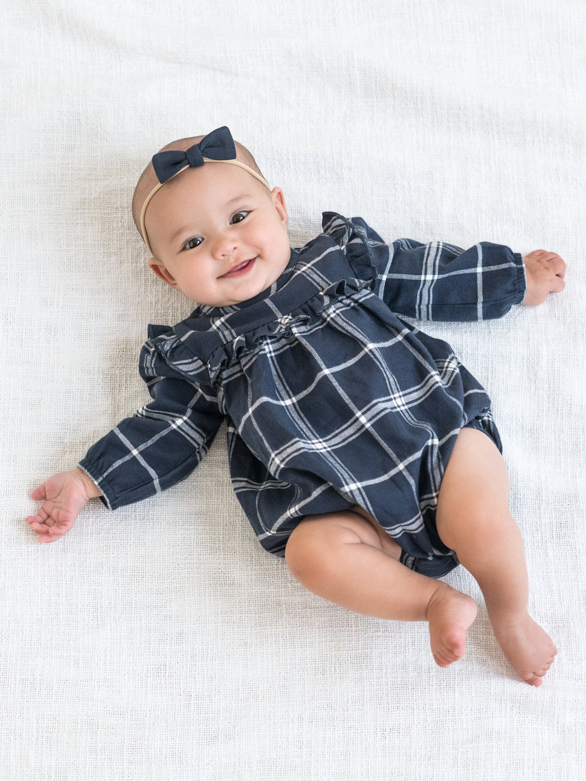 Ruth Flannel Ruffle Neck Bodysuit Navy Plaid 0-3M