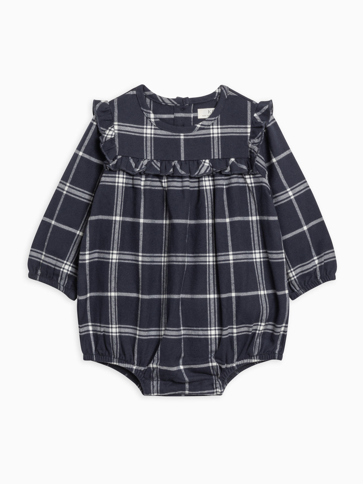 Ruth Flannel Ruffle Neck Bodysuit Navy Plaid 0-3M
