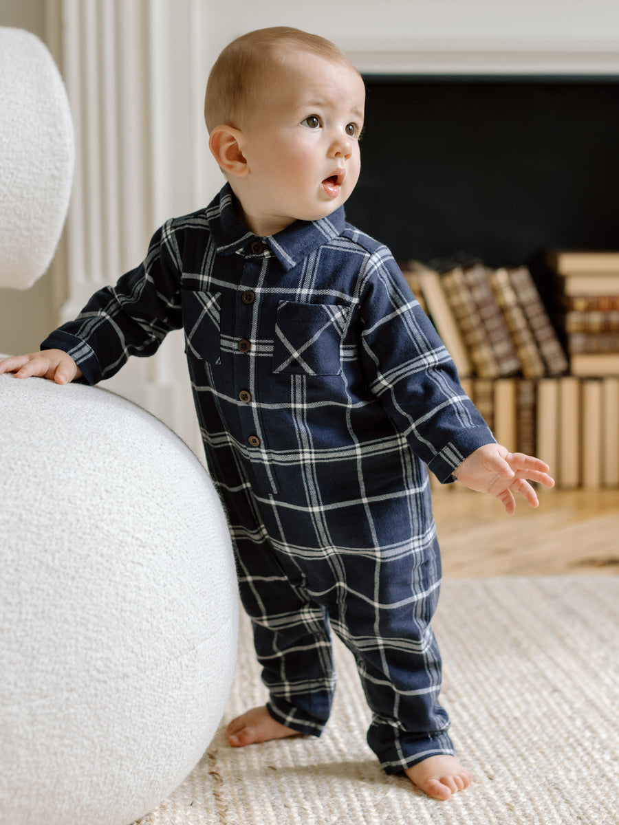 Locke Flannel Collar Romper Sale : Baby : One Pieces : Rompers : Long Sleeves Kendi Organic Cotton Baby Locke Flannel Collar Romper