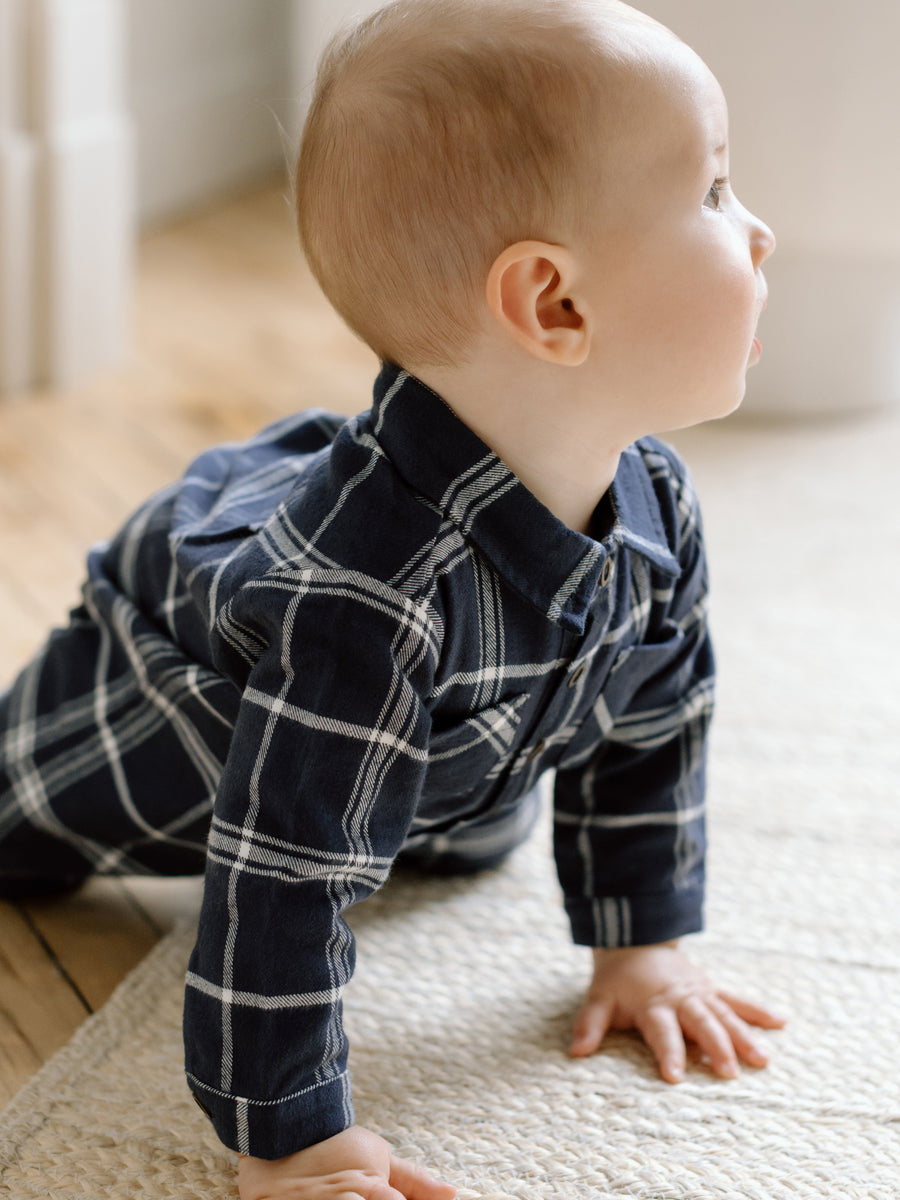 Locke Flannel Collar Romper Sale : Baby : One Pieces : Rompers : Long Sleeves Kendi Organic Cotton Baby Locke Flannel Collar Romper