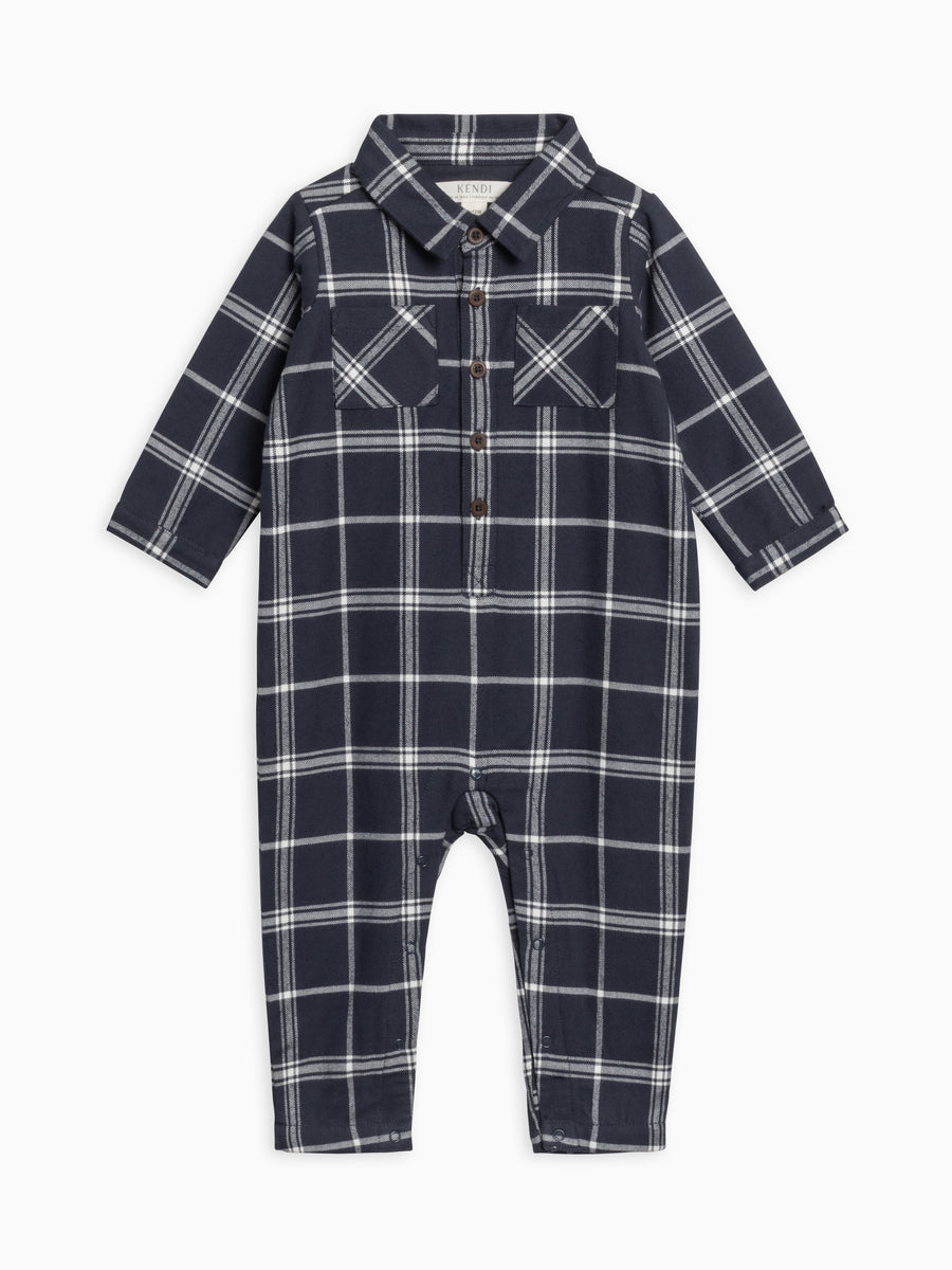 Locke Flannel Collar Romper Sale : Baby : One Pieces : Rompers : Long Sleeves Kendi Organic Cotton Baby Locke Flannel Collar Romper