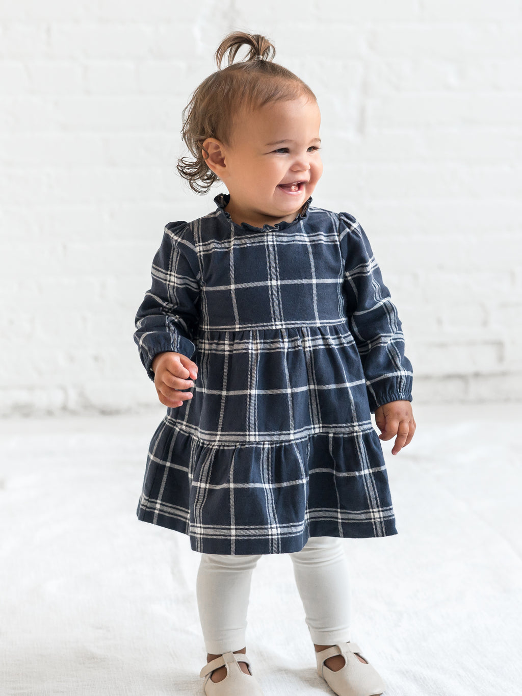 blue plaid flannel dress Neela Ruffle Neckline Long Sleeve Velvi - Lucia Sheer 50percent Color:Vista Blue/White The Blue Moon flannel