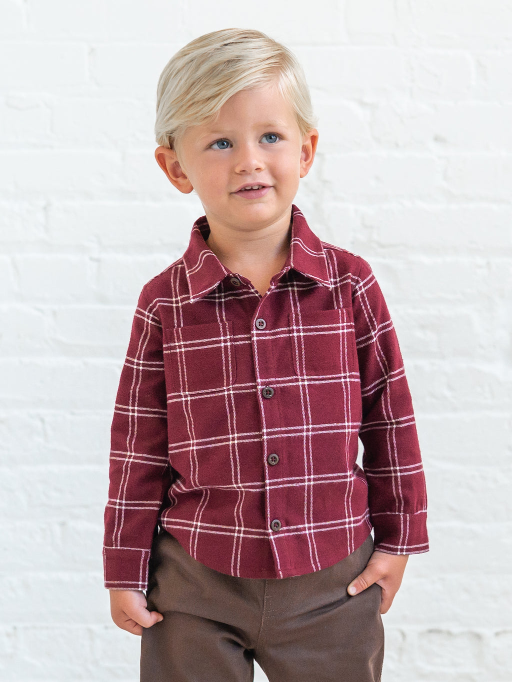 Hugo Flannel Long Sleeve Collared Button Down Shirt - Pomegranate Plaid