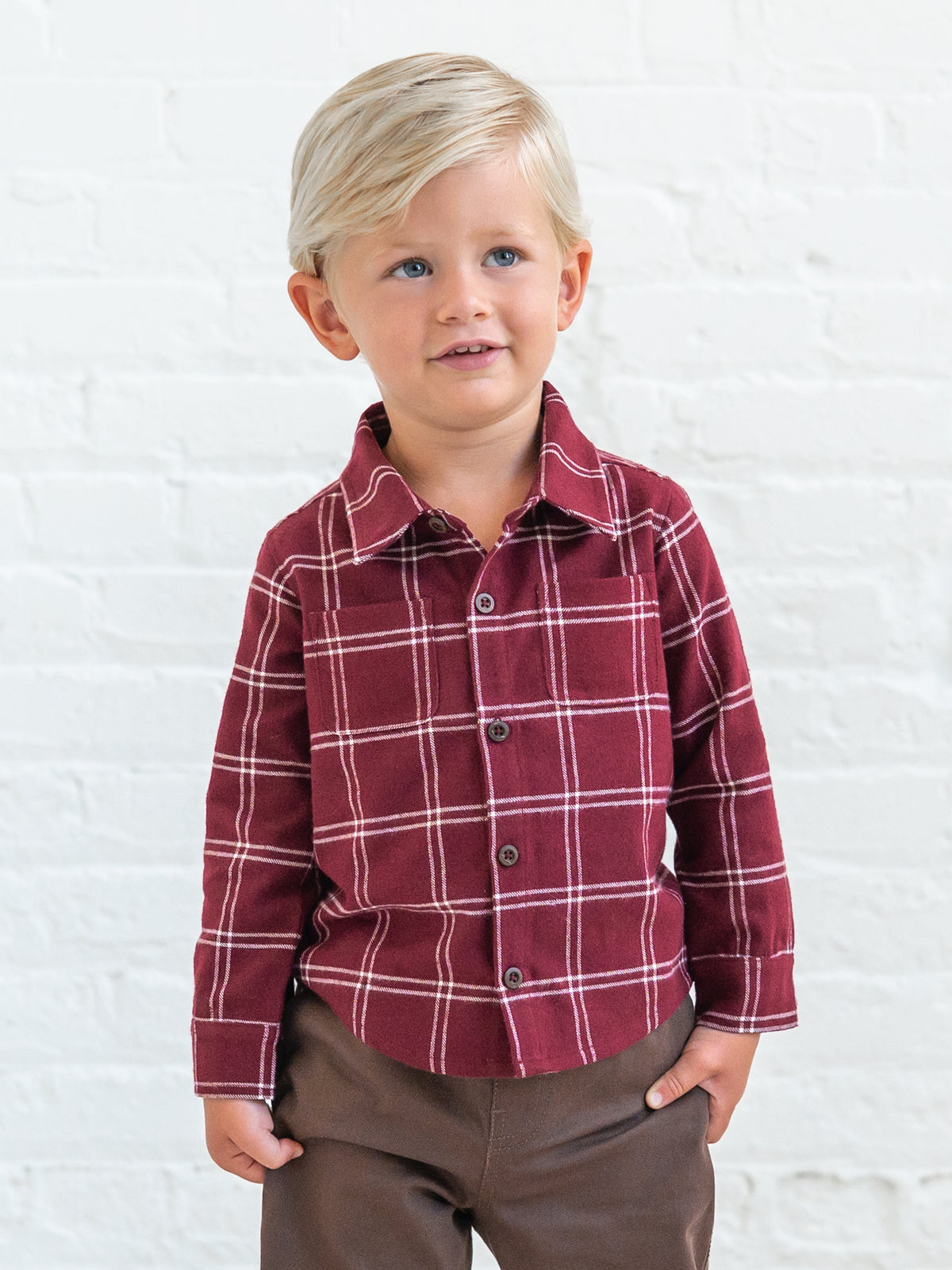 Hugo Flannel Long Sleeve Collared Button Down Shirt - Pomegranate Plaid