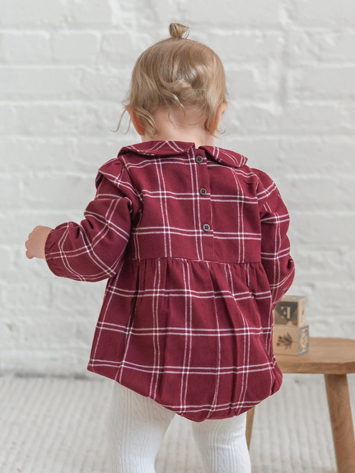 Myra Flannel Long Sleeve Peter Pan Collar Bubble Romper - Pomegranate Plaid