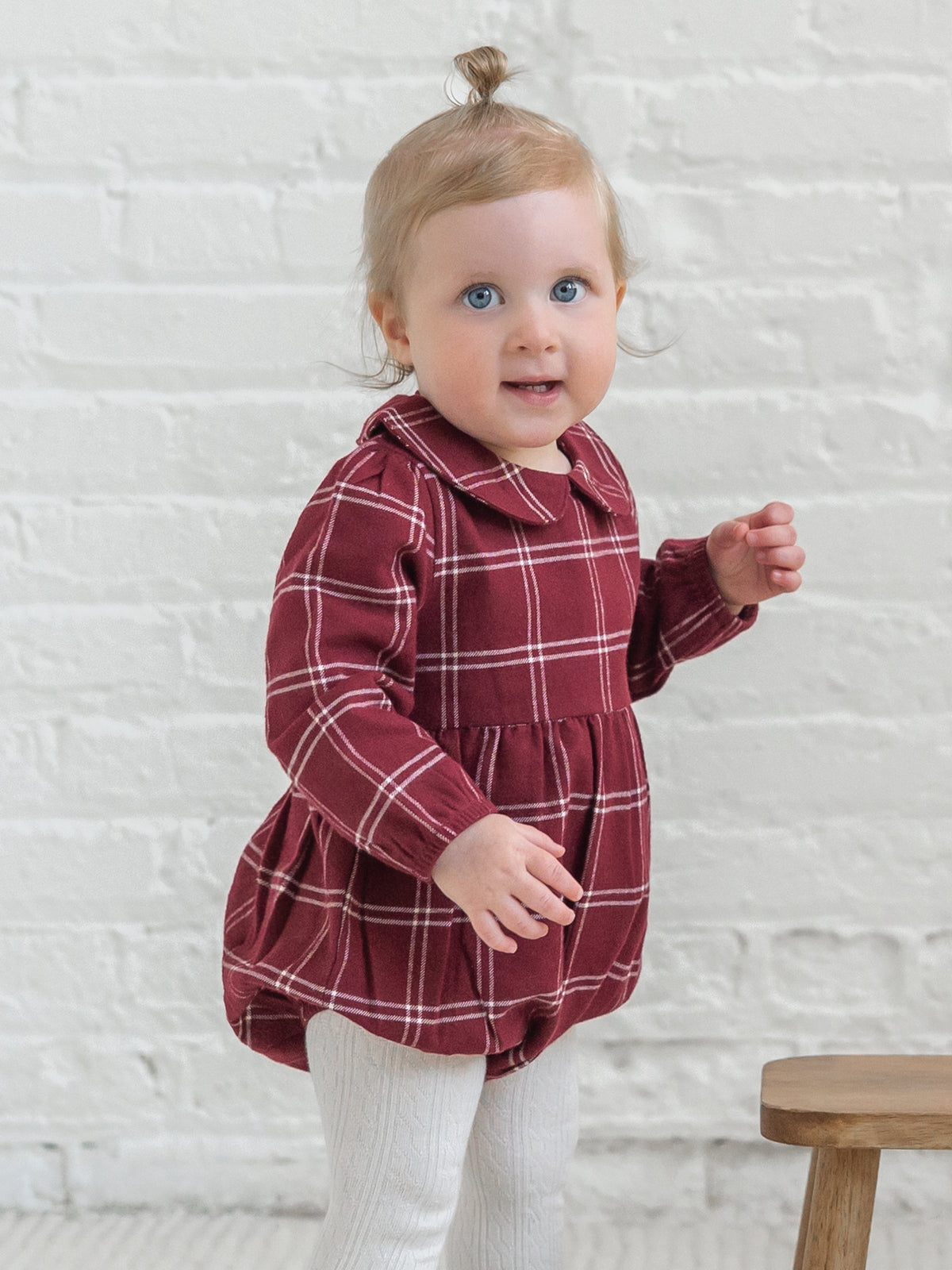 Myra Flannel Long Sleeve Peter Pan Collar Bubble Romper - Pomegranate Plaid