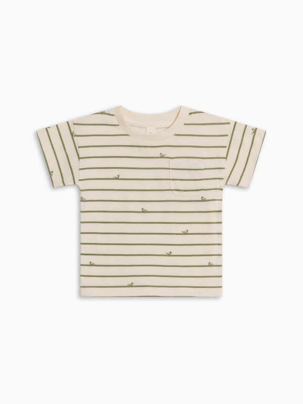 Hollis Drop Shoulder Tee - Bird Stripe / Fern Baby-Kids : Tops : Tees : Short Sleeves Kendi Organic Cotton Baby and Kids Hollis Drop Shoulder Tee