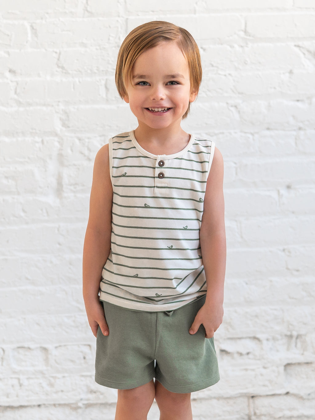 Niko Henley Tank Top - Bird Stripe / Fern Baby-Kids : Tops : Tanks Kendi Niko Henley Tank Top - Bird Stripe / | Colored Organics®