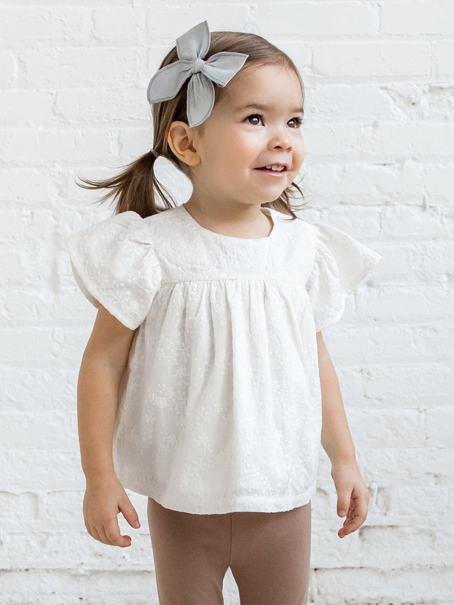 Maeve Eyelet Ruffle Sleeve Top Baby-Kids : Tops : Short Sleeve Kendi Organic Cotton Baby and Kids Maeve Eyelet Ruffle Sleeve Top