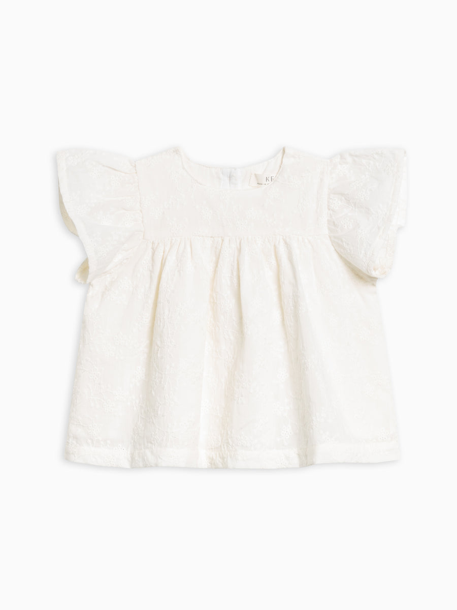 Maeve Eyelet Ruffle Sleeve Top Baby-Kids : Tops : Short Sleeve Kendi Organic Cotton Baby and Kids Maeve Eyelet Ruffle Sleeve Top