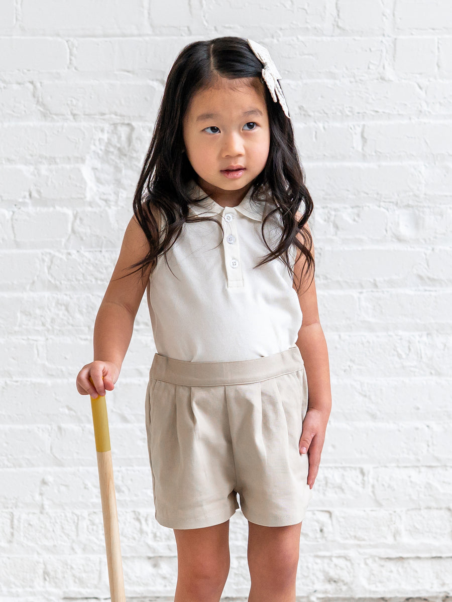 Leona Twill Pleat Shorts - Dune Baby-Kids : Bottoms : Shorts Kendi Leona Twill Pleat Shorts - Dune for Baby | Colored Organics®