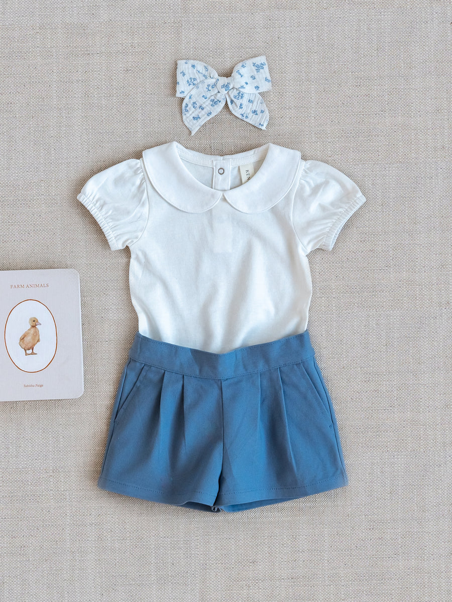 Leona Twill Pleat Shorts - Sea Baby-Kids : Bottoms : Shorts Kendi Organic Cotton Baby and Kids Leona Twill Shorts