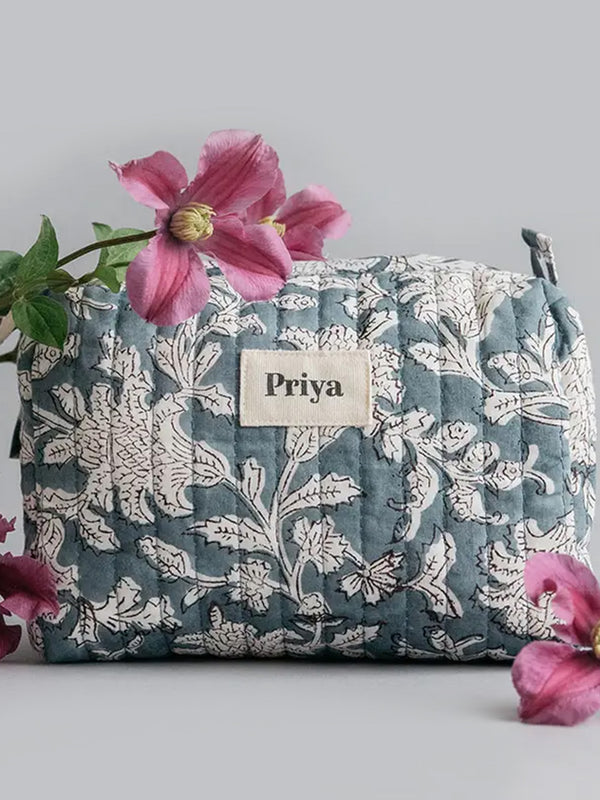 Block Printed Smoky Blue Cosmetic Bag