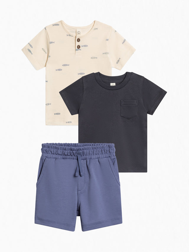 Organic 3 Piece Boys Summer Bundle Baby-Kids : Virtual Bundle : Bottoms : Shorts : Tops : Tees : Short Sleeves Colored Organics Organic Cotton Baby & Kids Spring Layers Bundle