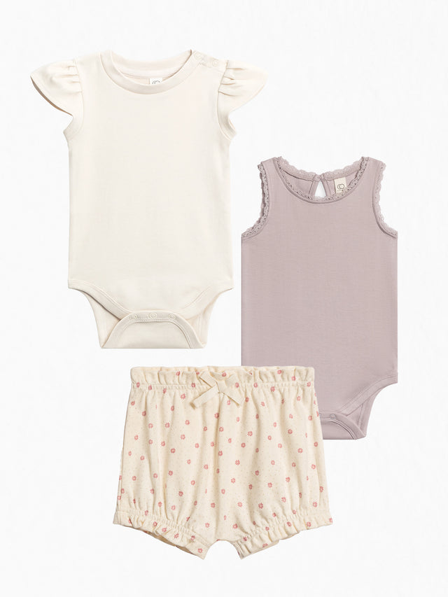 3-Piece Organic Baby Girls Summer Bundle Baby : Virtual Bundle : Bottoms : Shorts : One Pieces : Bodysuits : Short Sleeves Colored Organics Organic Cotton Baby & Kids Spring Layers Bundle