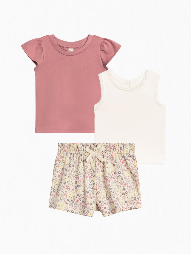 3-Piece Organic Toddler Girls Summer Bundle Kids : Virtual Bundle : Bottoms : Shorts : Tops : Tanks : Tees : Short Sleeves Colored Organics Organic Cotton Baby & Kids Spring Layers Bundle