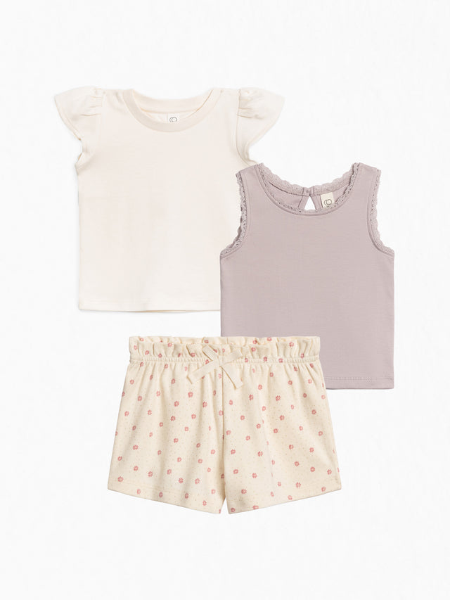 3-Piece Organic Toddler Girls Summer Bundle Kids : Virtual Bundle : Bottoms : Shorts : Tops : Tanks : Tees : Short Sleeves Colored Organics Organic Cotton Baby & Kids Spring Layers Bundle