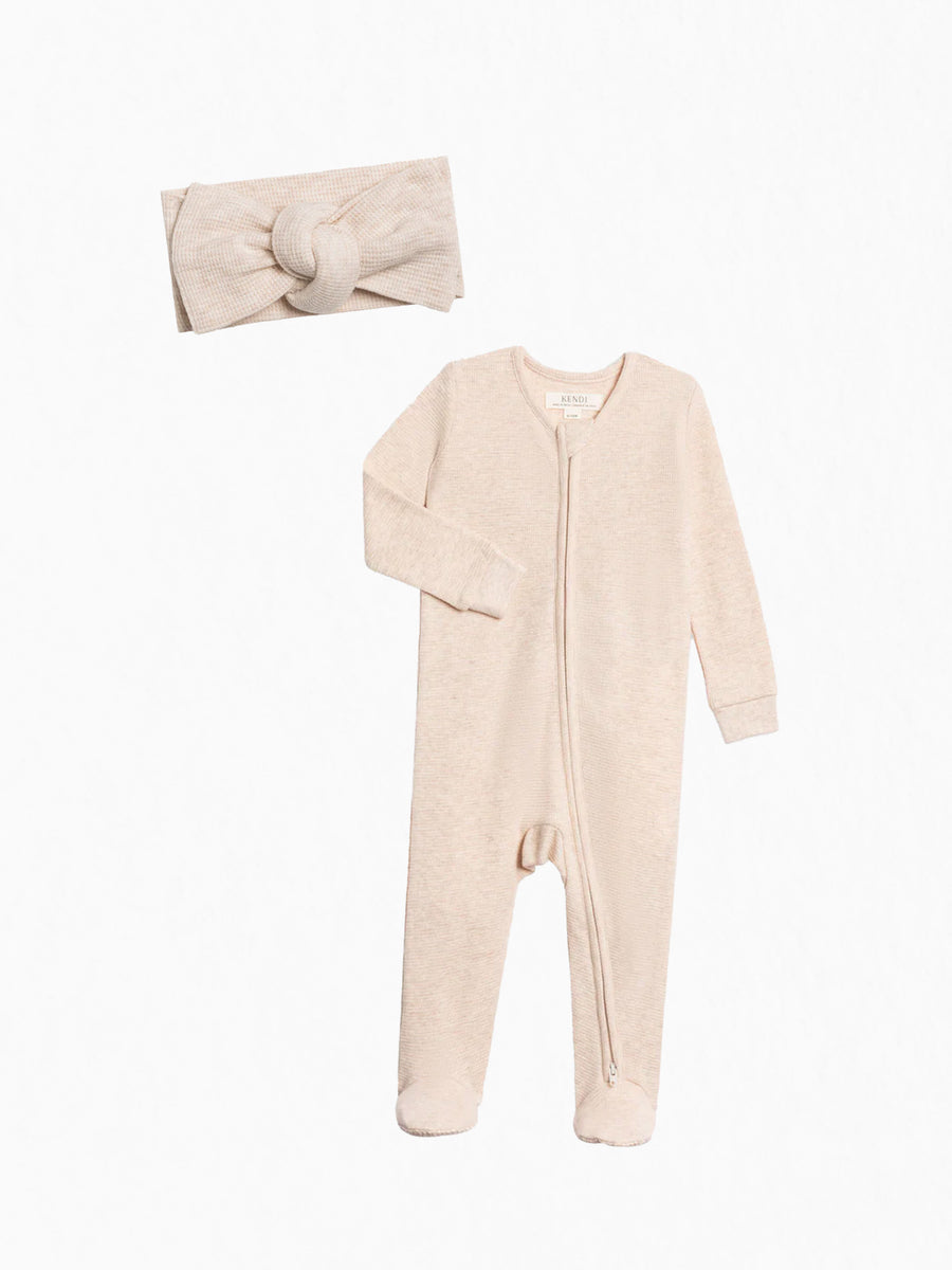 Organic Winter Waffle Sleeper and Bow Set Baby : Virtual Set Colored Organics 
