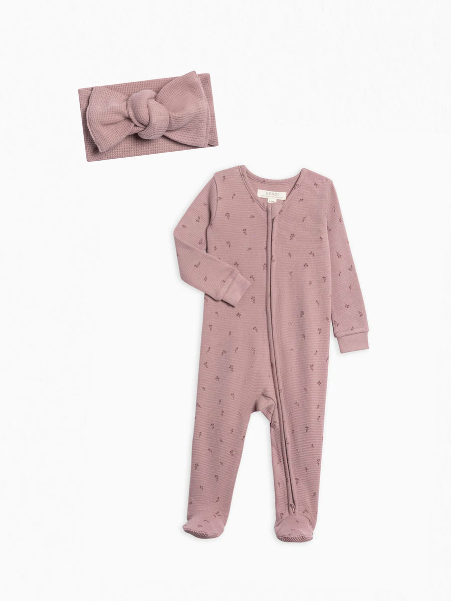 Organic Winter Waffle Sleeper and Bow Set Baby : Virtual Set Colored Organics 