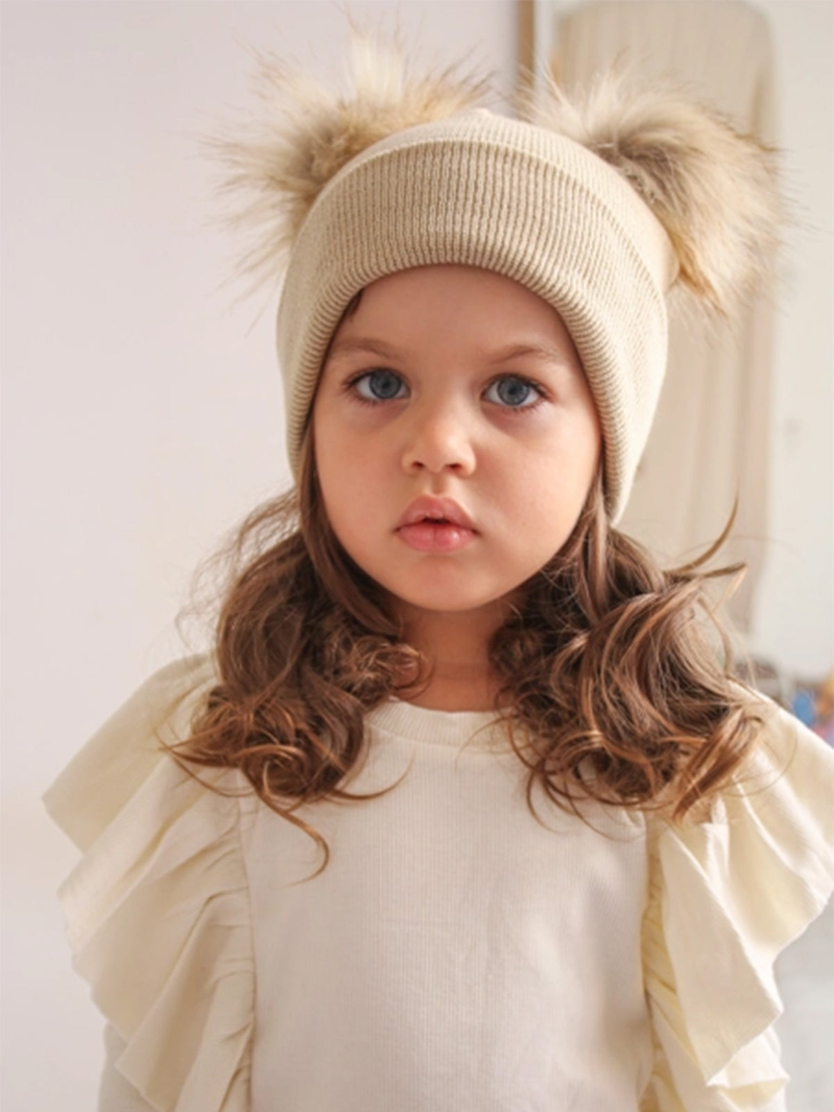 Double Pom Pom Beanie Hat Beige 0-6M