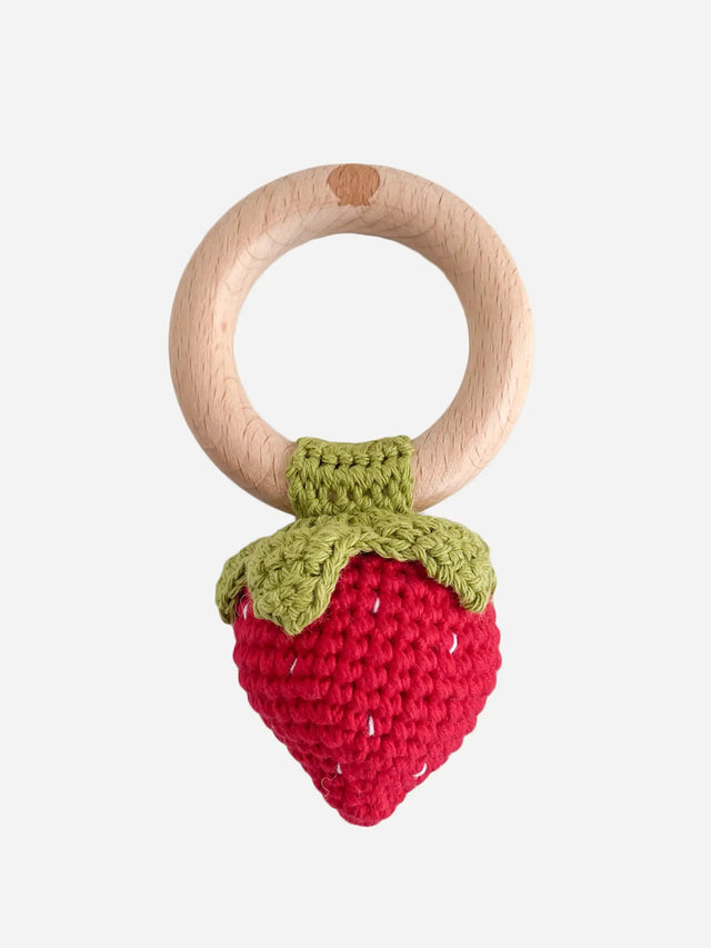 Strawberry Crochet Rattle Teether Baby :Toys :Plush + Crinkle :Rattles :Teethers Blueberry Hill 