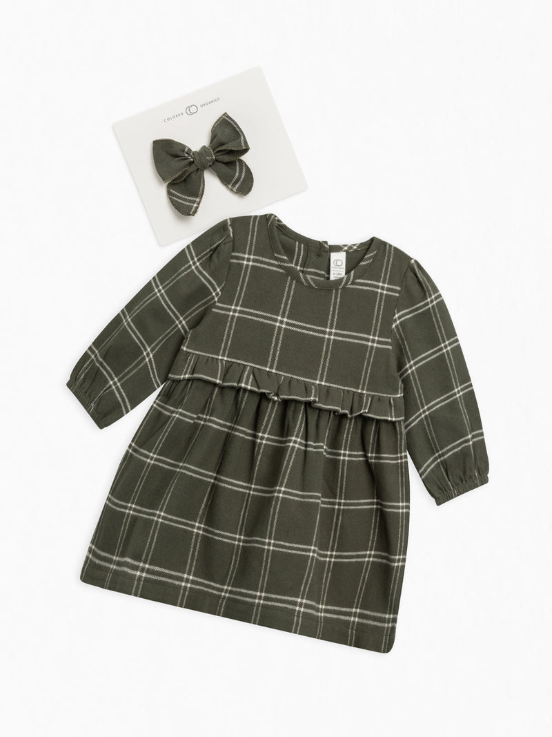 Organic Cotton Flannel Dress and Bow Hair Clip Set